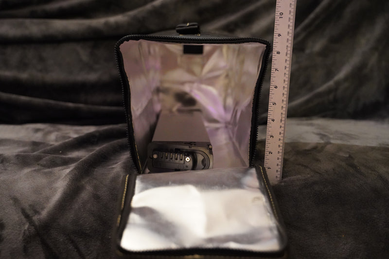A lithium battery from an electric bike inside a FireSak GO, meas