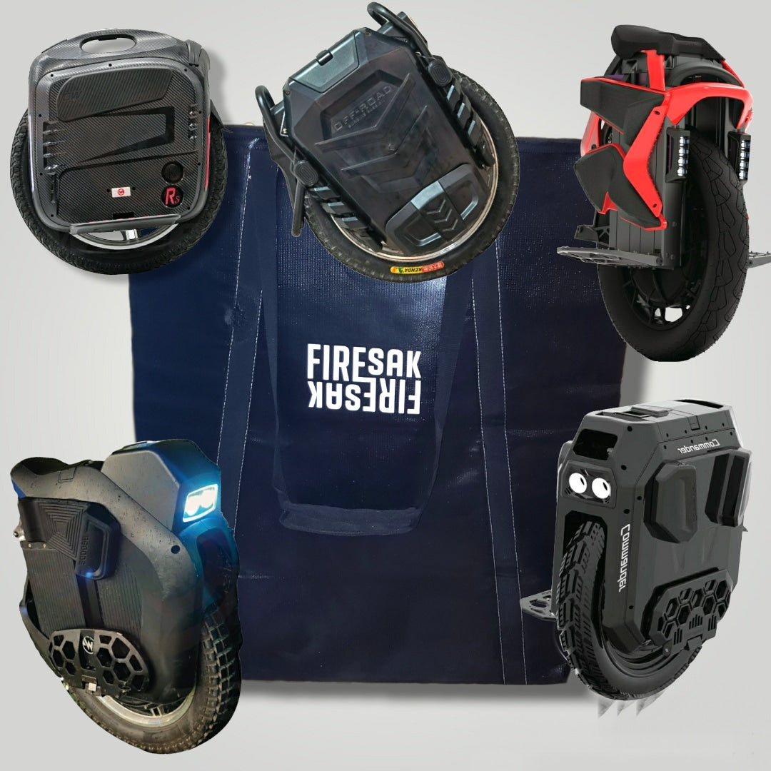 Five different models of hoverboards displayed around a blue Firesak bag.