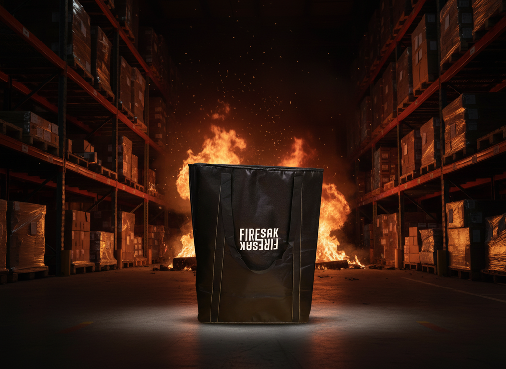 Black bag with 'Firesax' branding in a warehouse setting with fire.
