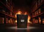 Black bag with 'Firesax' branding in a warehouse setting with fire.