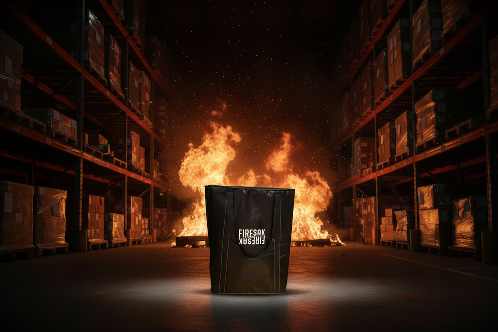 Black bag with 'Firesak' branding in a warehouse setting with fire.