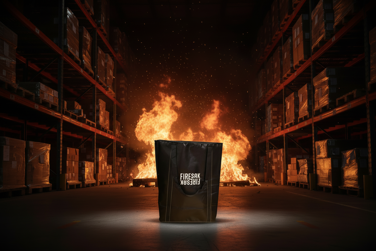 Black bag with 'Firesak' branding in a warehouse setting with fire.